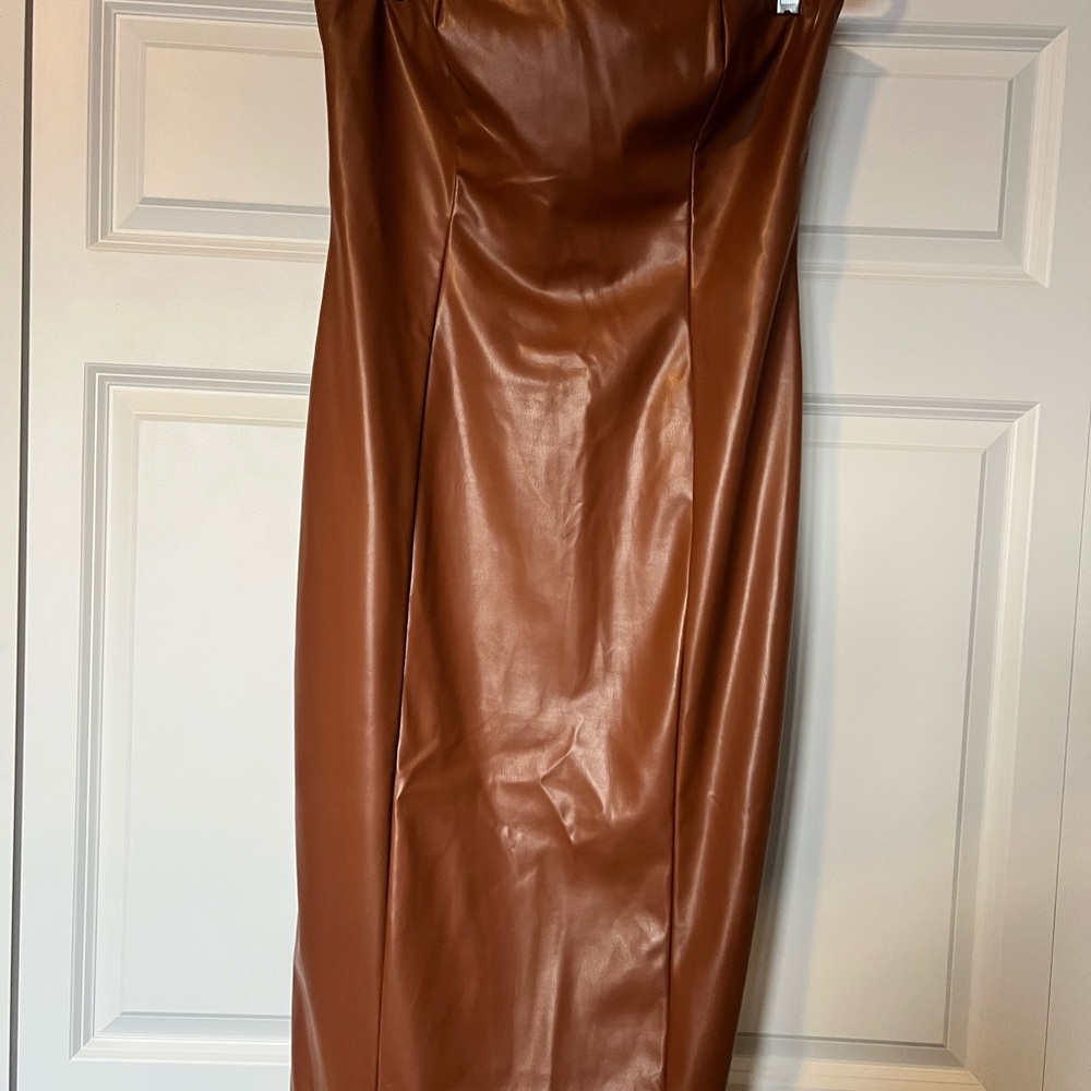 Faux leather strapless dress